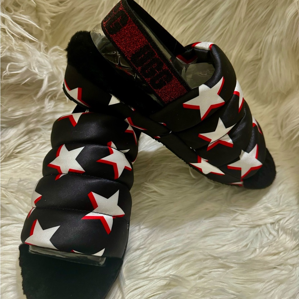 UGG Fluff Yeah slide w/Elastic strap; peep-toe; flatform sole Red White and Blue